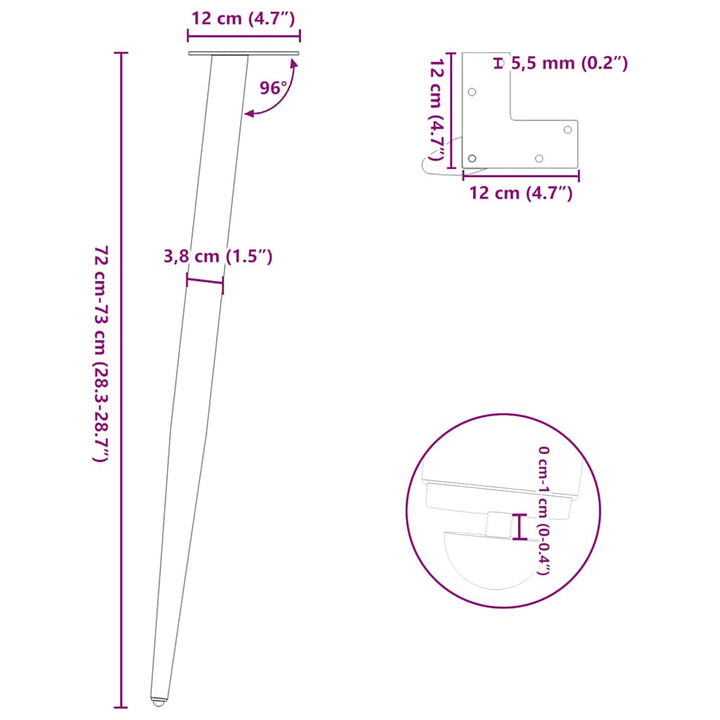 konsolbordben konisk form 4 stk. hvid 72-73 cm stål