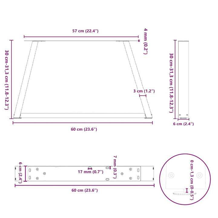 sofabordsben V-formet 2 stk. hvid 60 x (30-31,3) cm stål