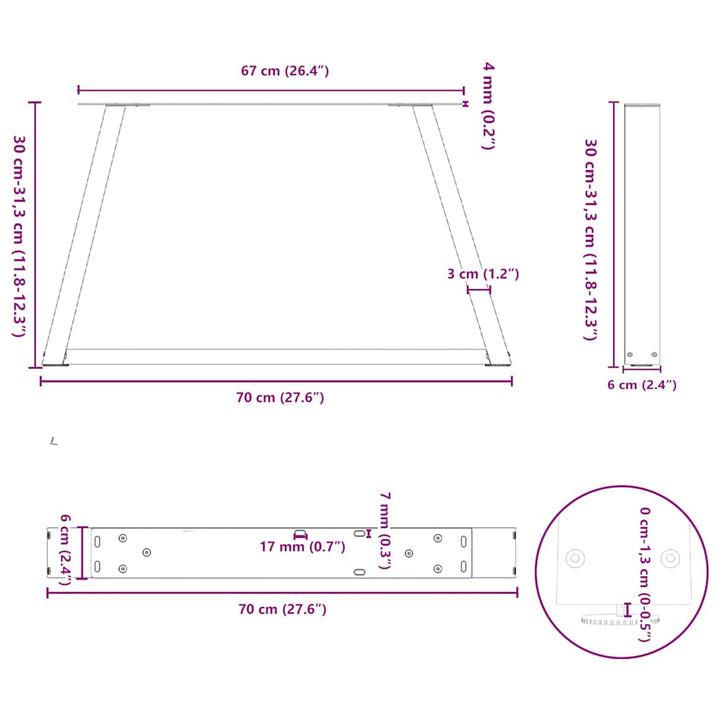 sofabordsben V-formet 2 stk. sort 70 x (30-31,3) cm stål