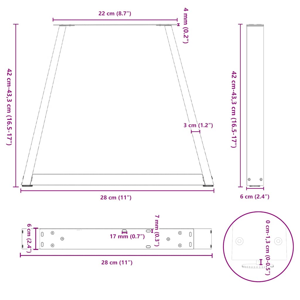 sofabordsben V-formet 2 stk. antracit 28 x (42-43,3) cm stål