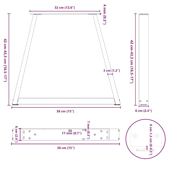 sofabordsben V-formet 2 stk. antracit 38 x (42-43,3) cm stål