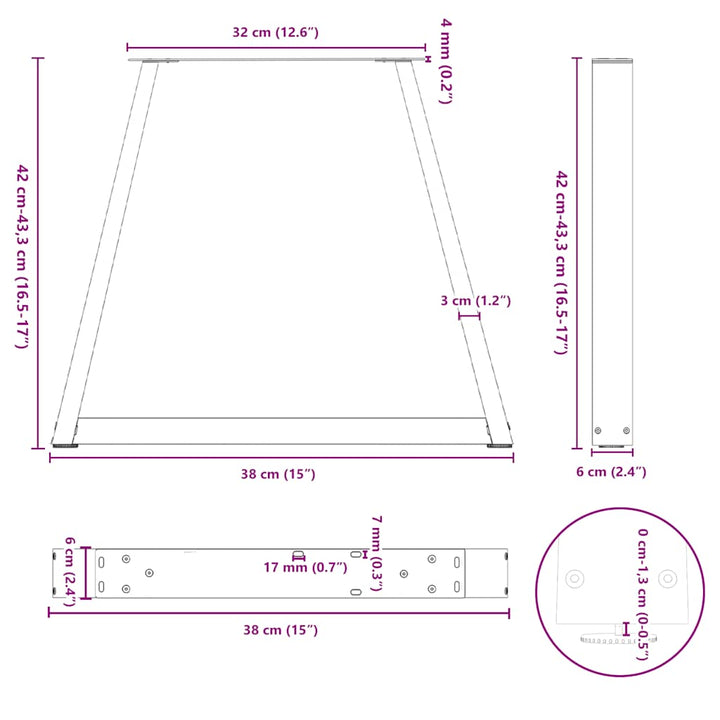 sofabordsben V-formet 2 stk. naturstål 38 x (42-43,3) cm stål