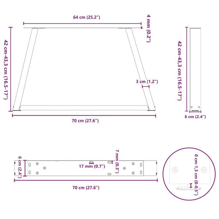 sofabordsben V-formet 2 stk. antracit 70 x (42-43,3) cm stål