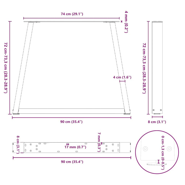 spisebordben V-formet 3 stk. sort 90 x (72-73,3) cm stål