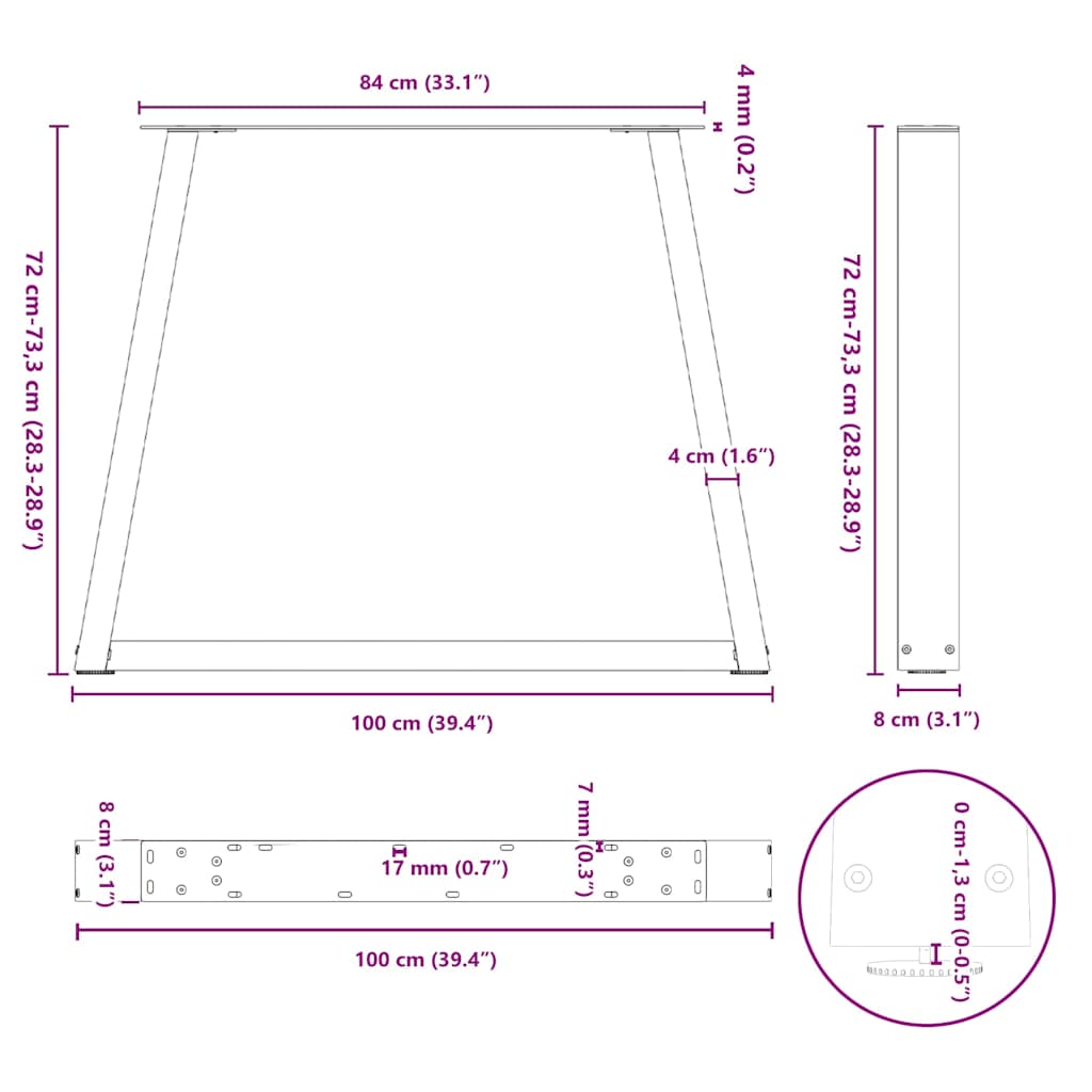 spisebordben V-formet 3 stk. naturstål 100x(72-73,3) cm stål