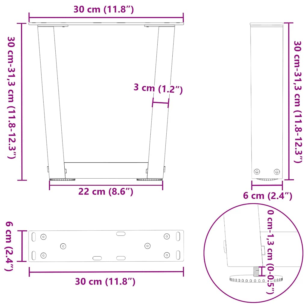 sofabordsben V-formet 2 stk. hvid 30x(30-31,3) cm stål