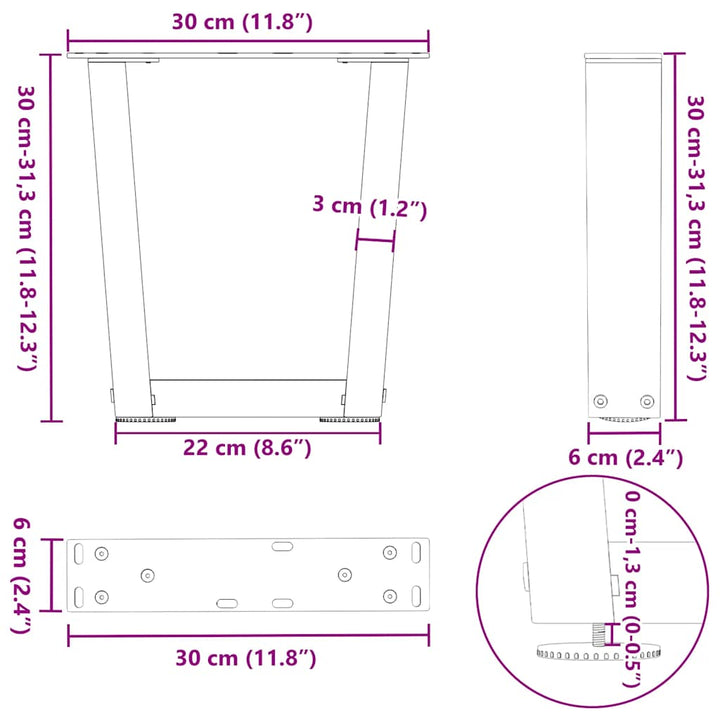 sofabordsben V-formet 2 stk. hvid 30x(30-31,3) cm stål