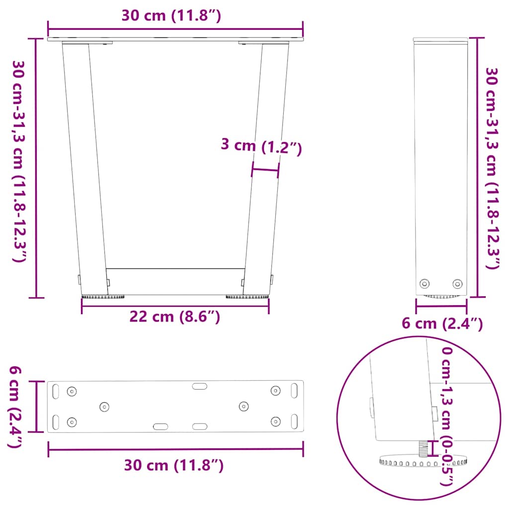 sofabordsben V-formet 2 stk. naturstål 30x(30-31,3) cm stål