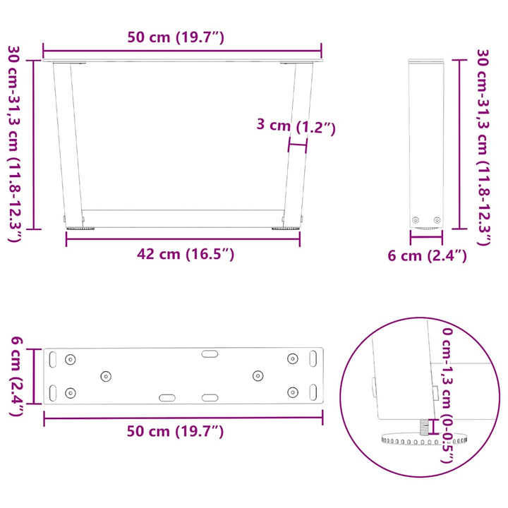 sofabordsben V-formet 2 stk. sort 50x(30-31,3) cm stål