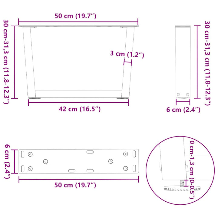 sofabordsben V-formet 2 stk. antracit 50x(30-31,3) cm stål
