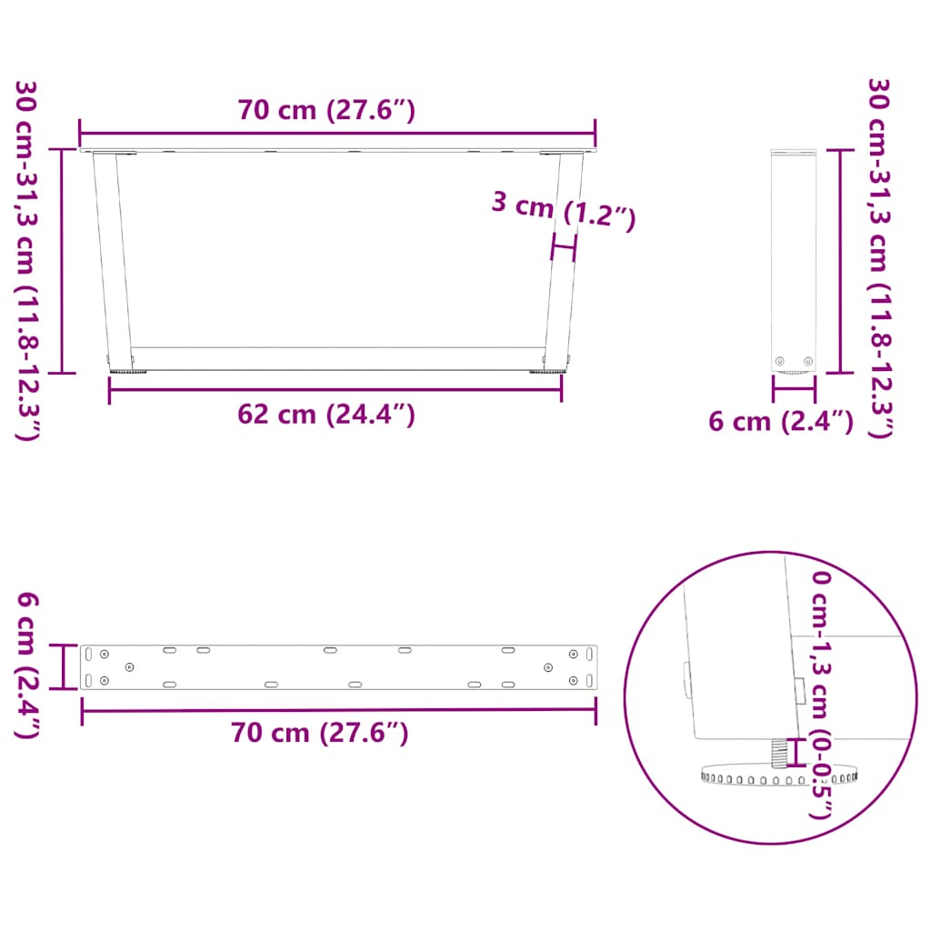 sofabordsben V-formet 2 stk. sort 70 x (30-31,3) cm stål