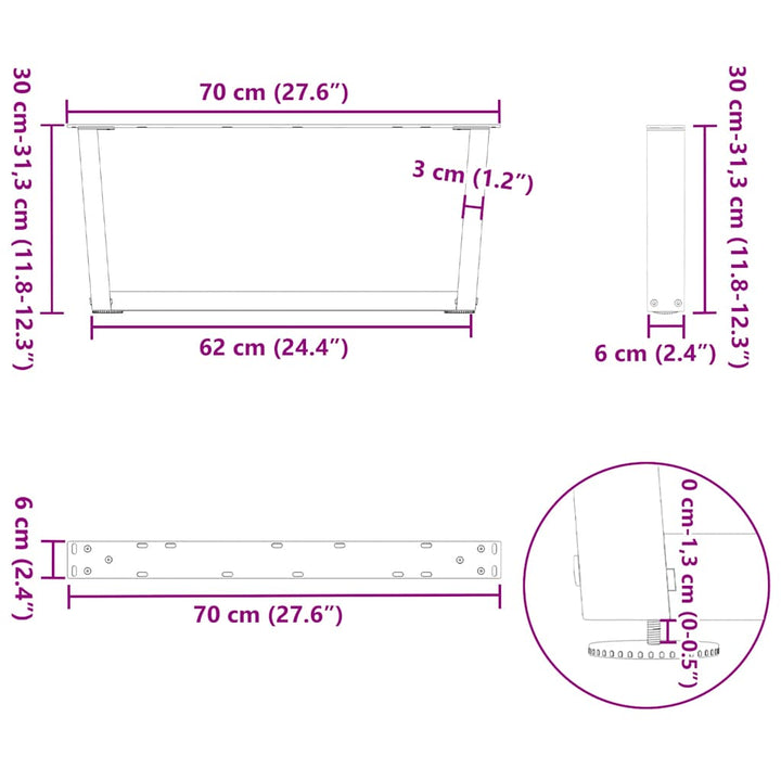 sofabordsben V-formet 2 stk. sort 70 x (30-31,3) cm stål