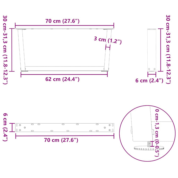 sofabordsben V-formet 2 stk. hvid 70 x (30-31,3) cm stål