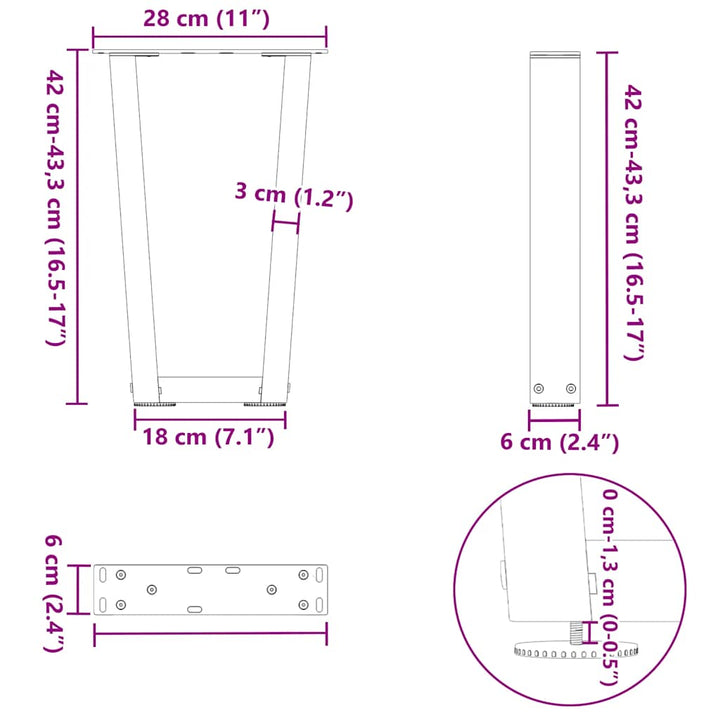 sofabordsben V-formet 2 stk. sort 28 x (42-43,3) cm stål