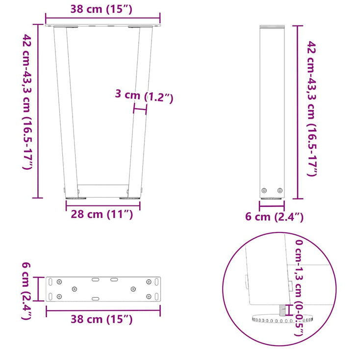 sofabordsben V-formet 2 stk. hvid 38 x (42-43,3) cm stål