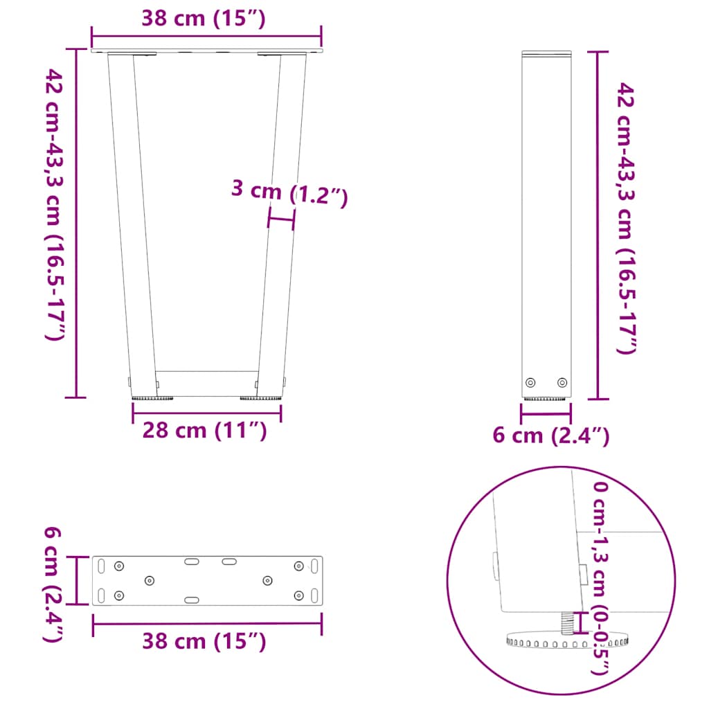 sofabordsben V-formet 2 stk. antracit 38 x (42-43,3) cm stål