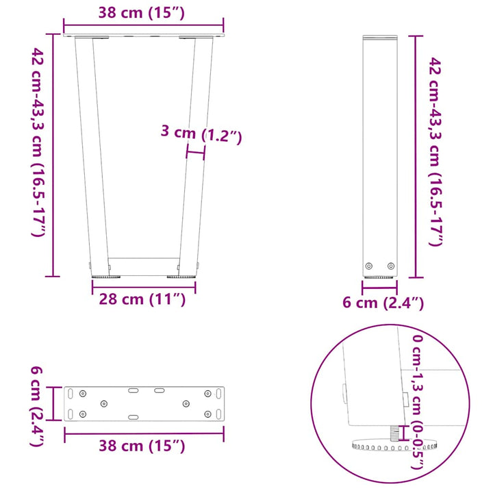 sofabordsben V-formet 2 stk. antracit 38 x (42-43,3) cm stål