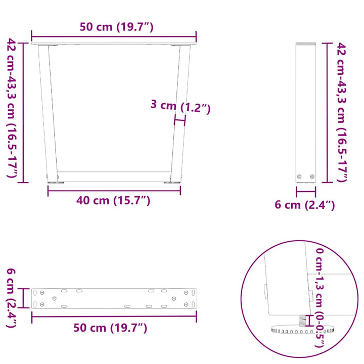 sofabordben V-formet 2 stk. sort 50x(42-43,3) cm stål