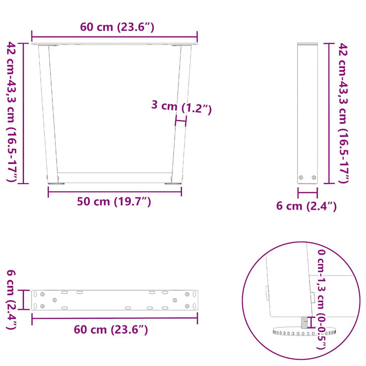 sofabordsben V-formet 2 stk. naturstål 60x(42-43,3) cm stål