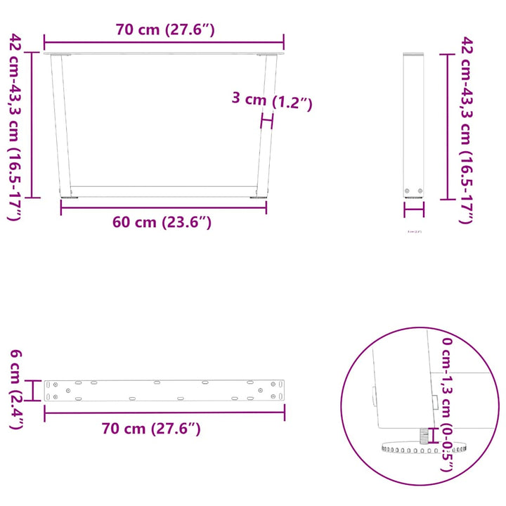 sofabordsben V-formet 2 stk. naturstål 70 x (42-43,3) cm stål