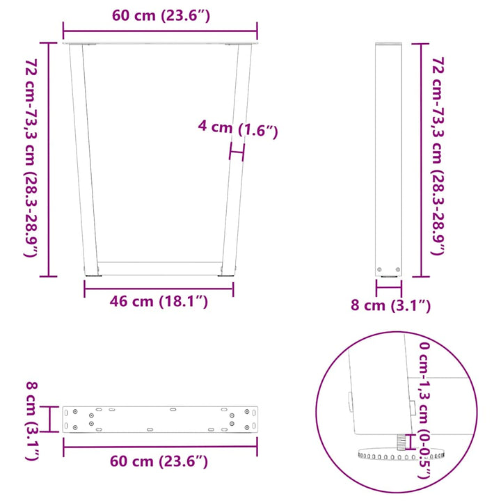 spisebordsben V-formet 2 stk. antracit 60 x (72-73,3) cm stål