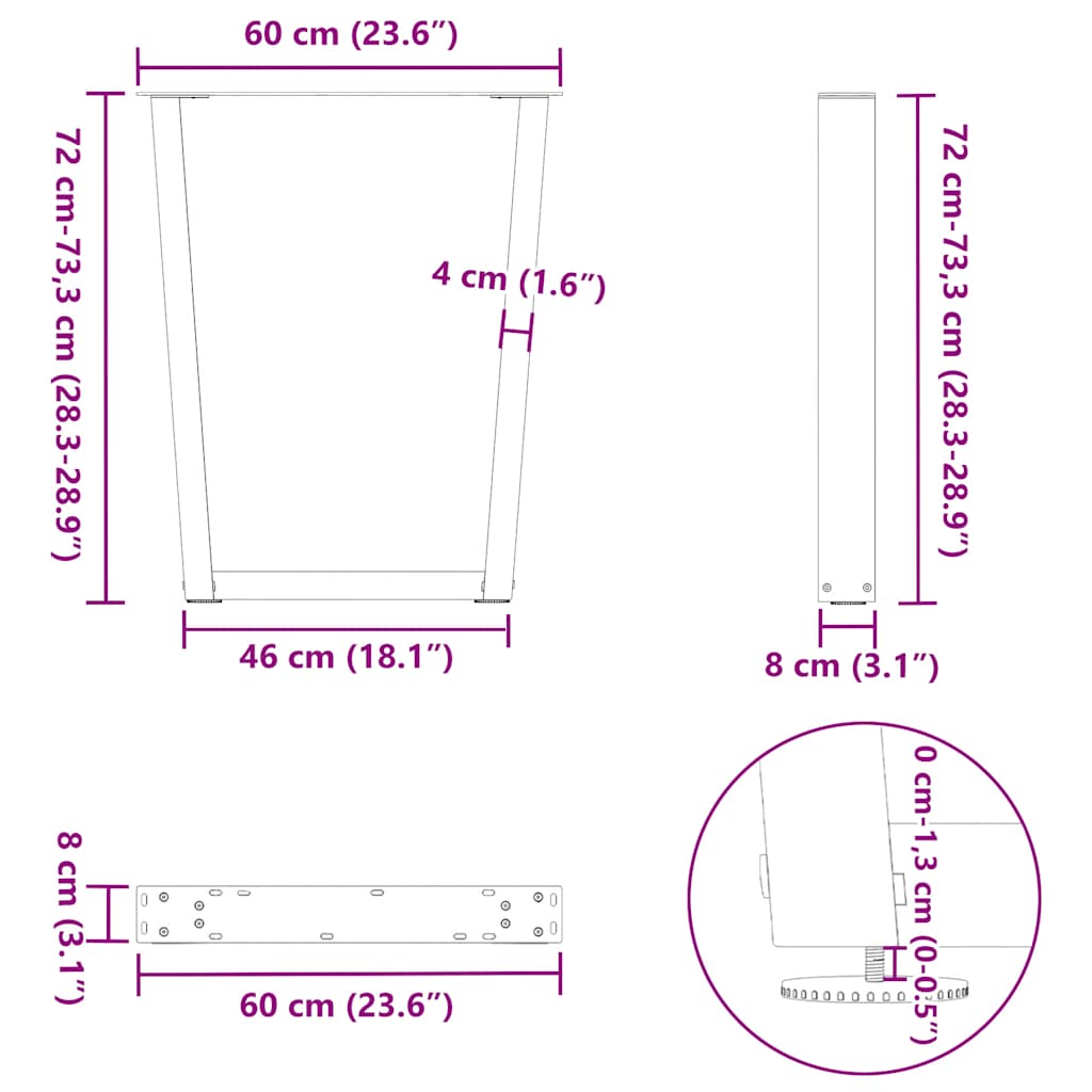 spisebordsben V-formet 2 stk. naturstål 60 x (72-73,3) cm stål