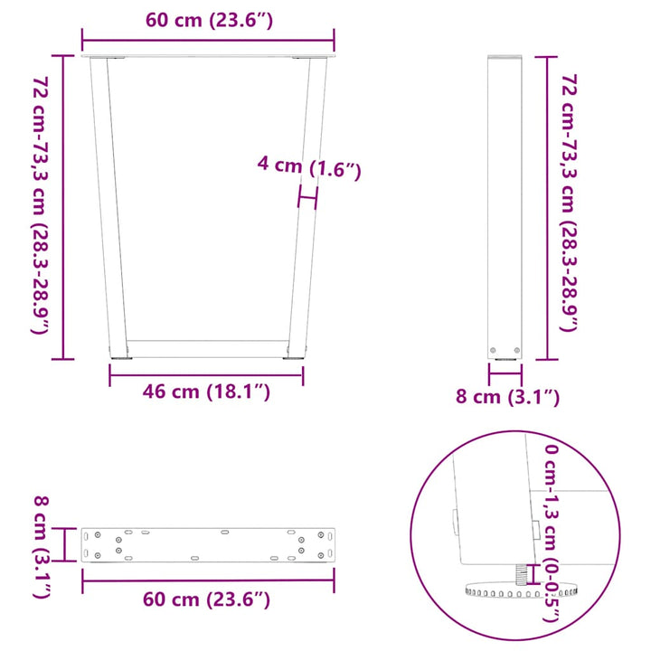 spisebordsben V-formet 2 stk. naturstål 60 x (72-73,3) cm stål