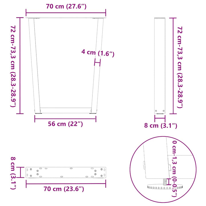 spisebordsben V-formet 2 stk. sort 70 x (72-73,3) cm stål