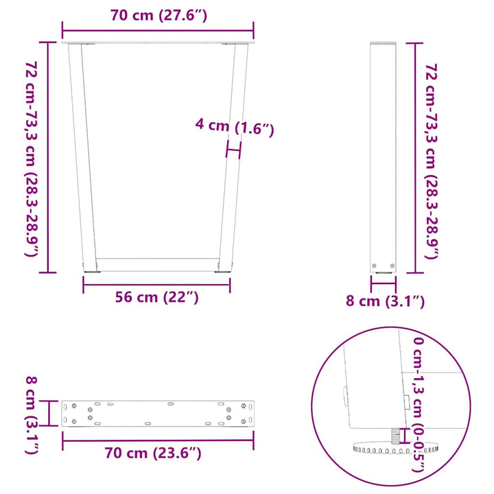 spisebordsben V-formet 2 stk. antracit 70 x (72-73,3) cm stål