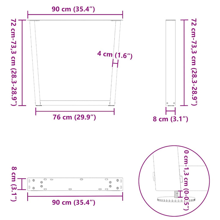 spisebordsben V-formet 2 stk. sort 90 x (72-73,3) cm stål