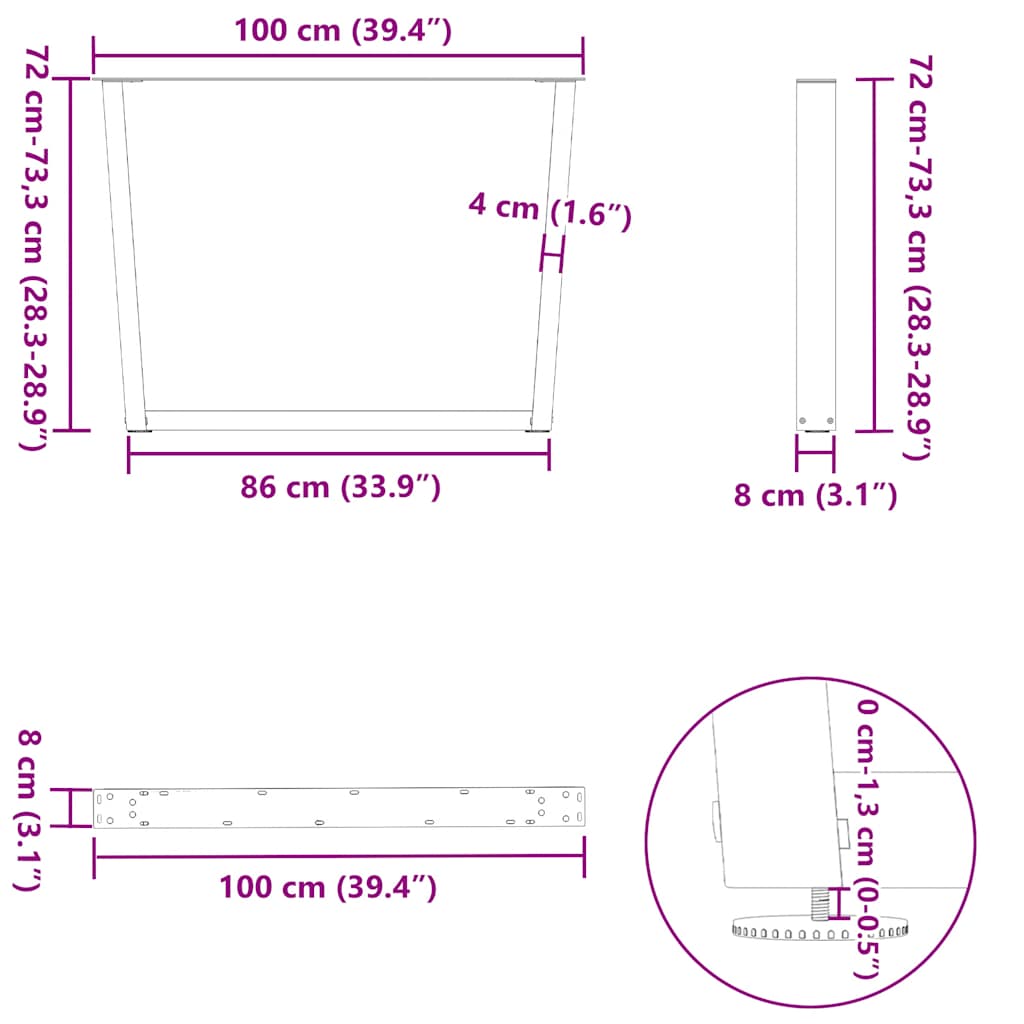 spisebordsben V-formet 2 stk. hvid 100x(72-73,3) cm stål