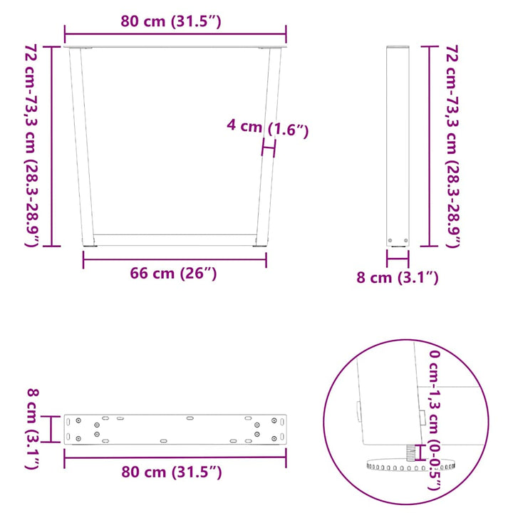 spisebordben V-formet 3 stk. sort 80 x (72-73,3) cm stål