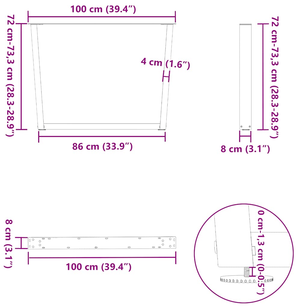spisebordsben V-formet 3 stk. hvid 100x(72-73,3) cm stål