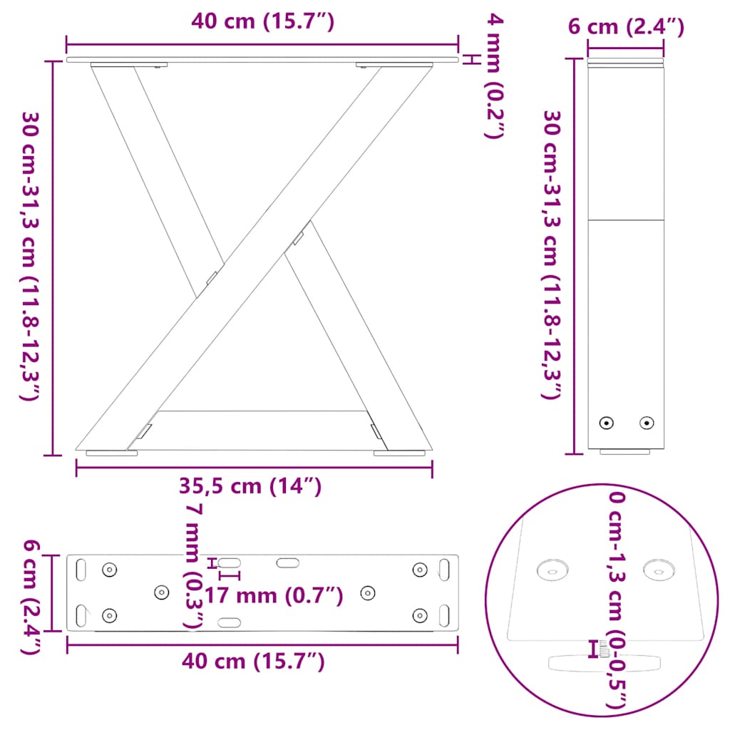 sofabordsben 2 stk. hvid 40x(30-31,3) cm stål