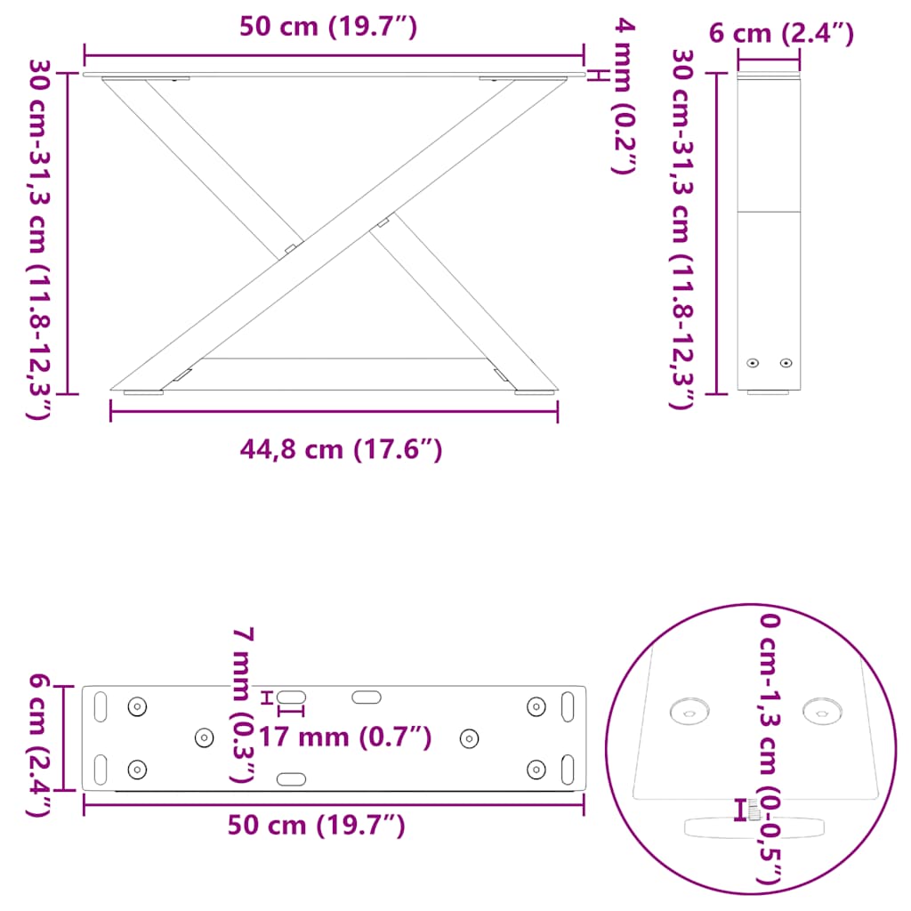 sofabordsben 2 stk. hvid 50x(30-31,3) cm stål