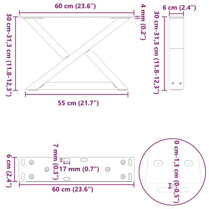sofabordsben 2 stk. sort 60 x (30-31,3) cm stål