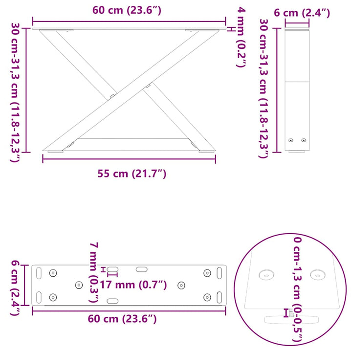 sofabordsben 2 stk. antracit 60 x (30-31,3) cm stål