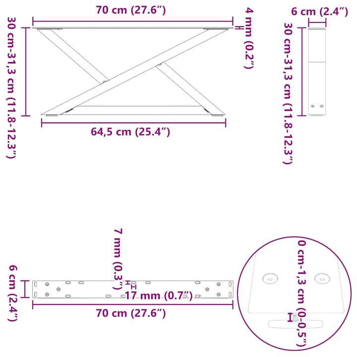 sofabordsben 2 stk. naturstål 70 x (30-31,3) cm stål