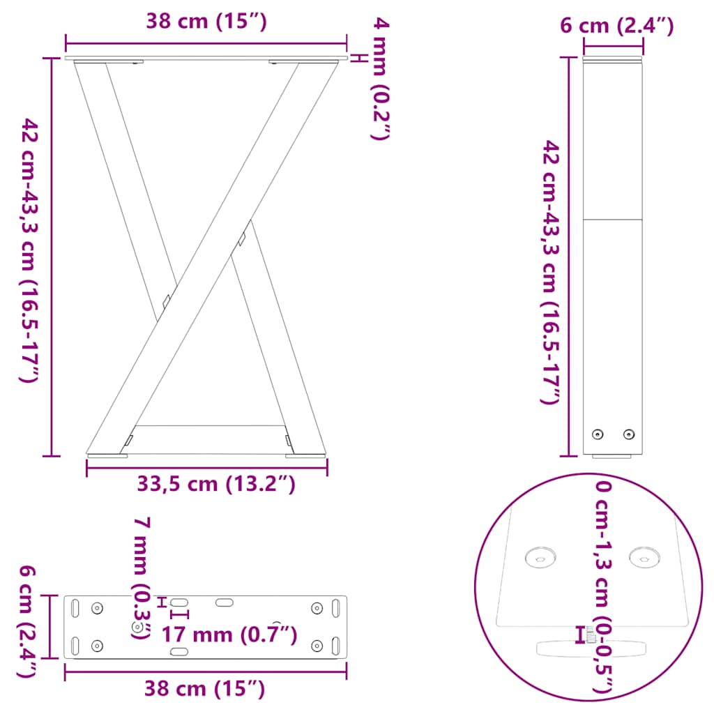 sofabordsben 2 stk. sort 38 x (42-43,3) cm stål