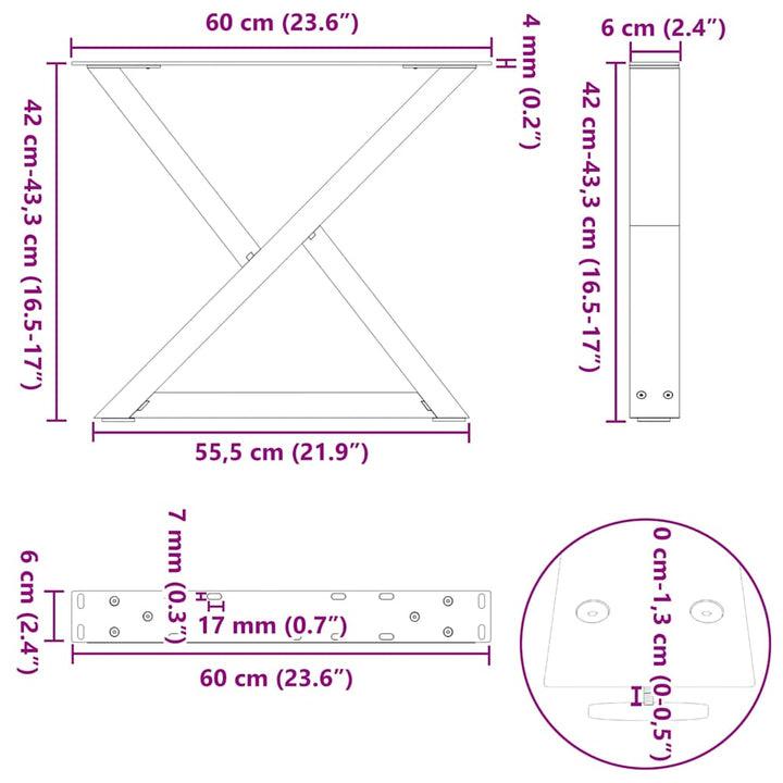 sofabordsben 2 stk. naturstål 60 x (42-43,3) cm stål