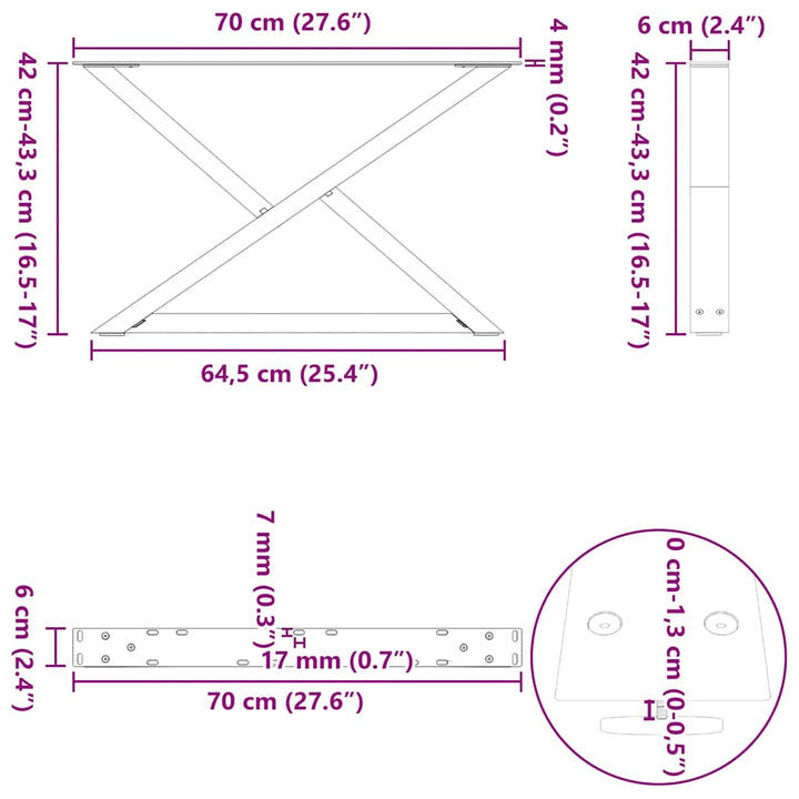 sofabordsben 2 stk. hvid 70 x (42-43,3) cm stål