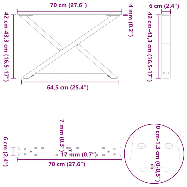 sofabordsben 2 stk. naturstål 70 x (42-43,3) cm stål