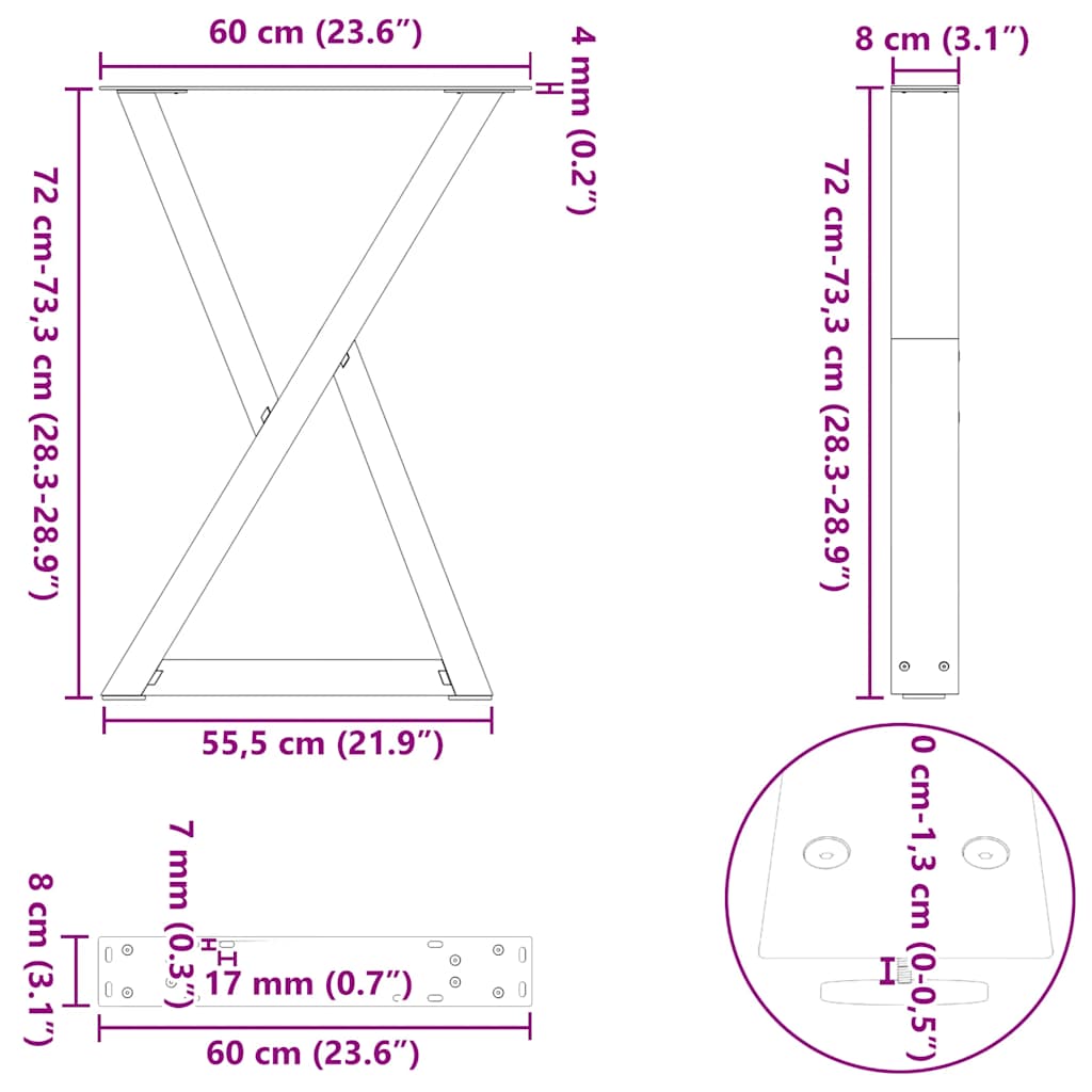 spisebordsben 2 stk. naturstål 60 x (72-73,3) cm stål