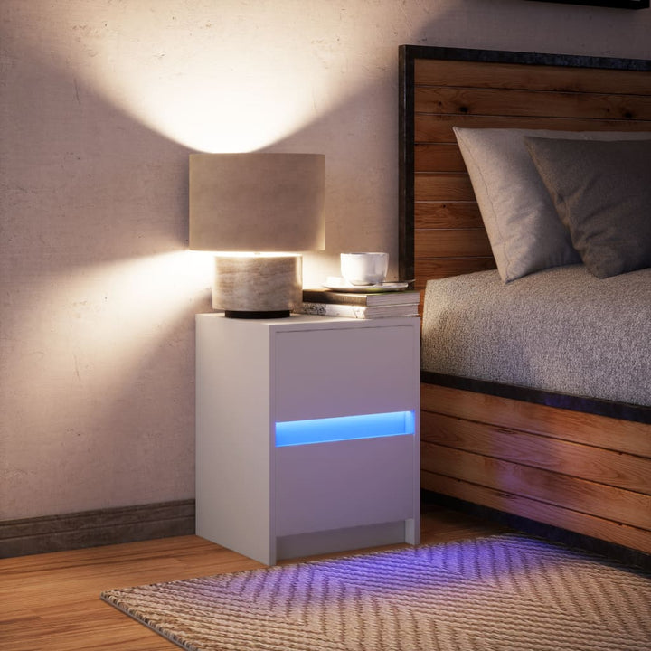 sengebord med LED-lys konstrueret træ hvid
