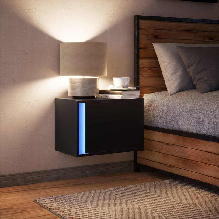 væghængt sengebord med LED-lys sort