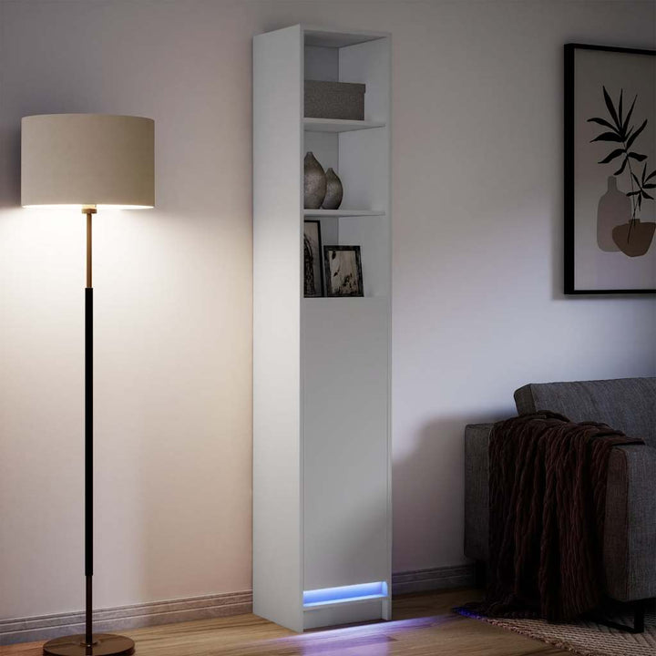 reol med LED-lys 36x32,5x200 cm konstrueret træ hvid
