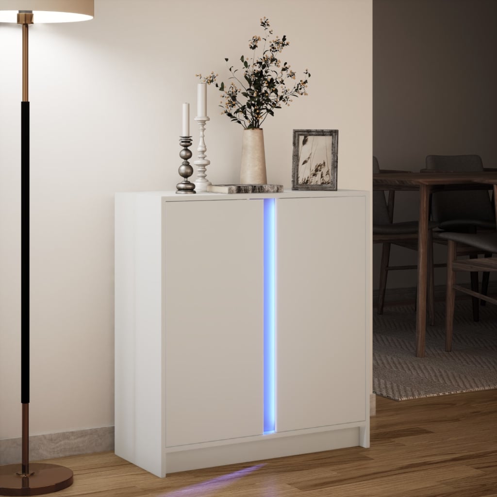 skænk med LED-lys 77x34x85 cm konstrueret træ hvid