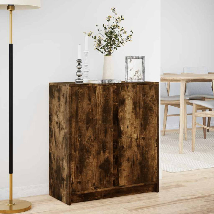 skab med LED-lys 77x34x85 cm konstrueret træ røget egetræsfarve