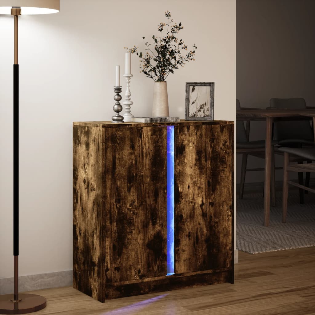 skab med LED-lys 77x34x85 cm konstrueret træ røget egetræsfarve