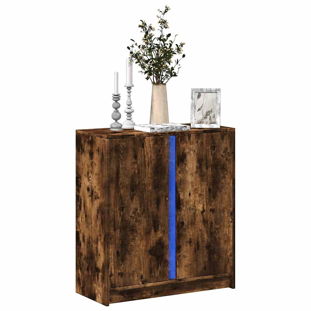 skab med LED-lys 77x34x85 cm konstrueret træ røget egetræsfarve